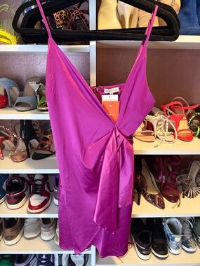 Main Strip Fuchsia Satin Mini Dress with Tie Detail